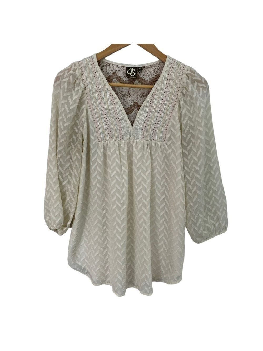 One September Boho Peasant Top Womens S Cream Pink Gold Gauzy Feminine VGUC